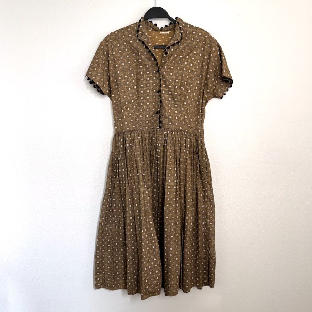 Mode O'Day 1950s Vintage Fit and Flare Midi Dress Brown Calico Print Size S/M